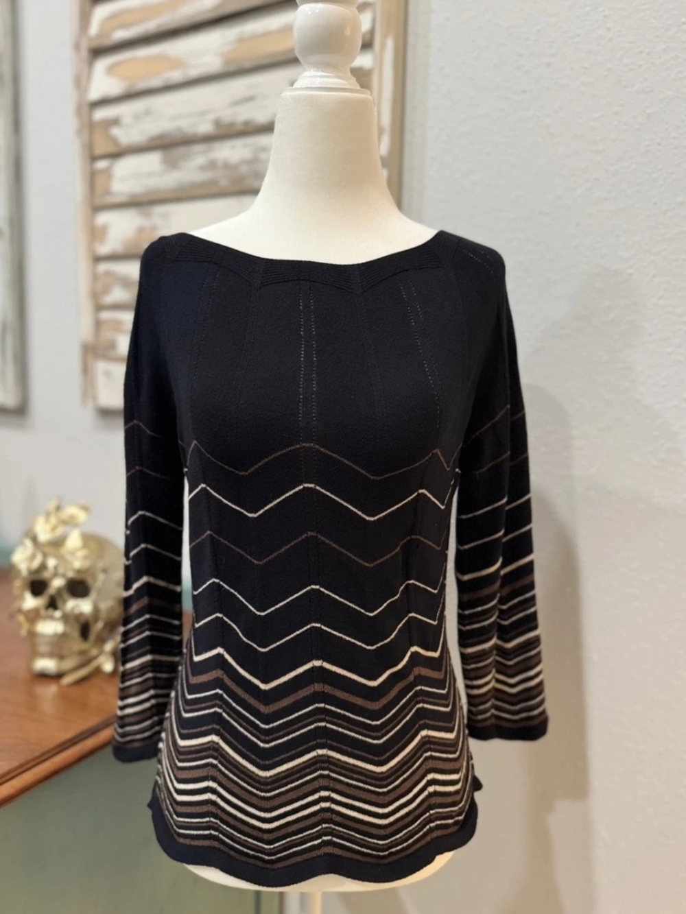 Marks & Spencer Black Knit Top with Brown and Cream Chevron Stripes